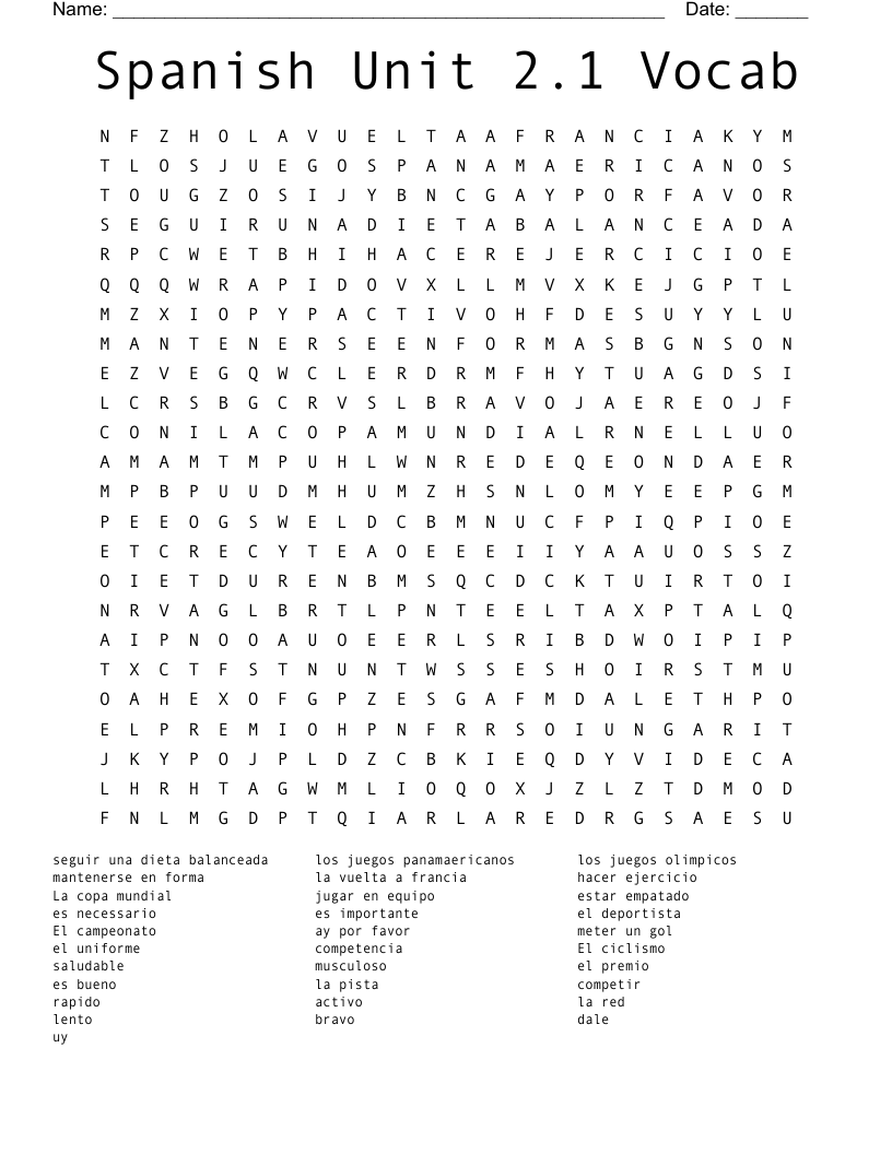 Spanish Unit 2.1 Vocab Word Search
