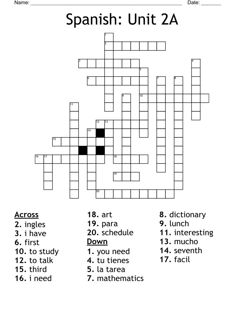 Spanish: Unit 2A Crossword