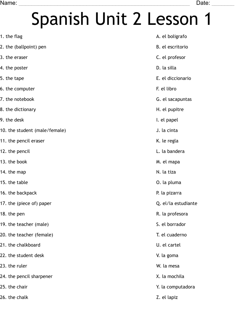Spanish Unit 2 Lesson 1 Worksheet