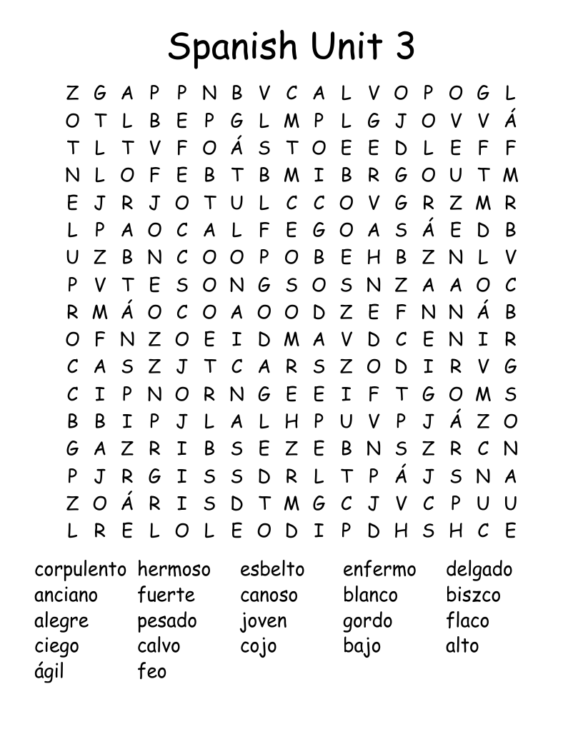 Spanish Unit 3 Word Search