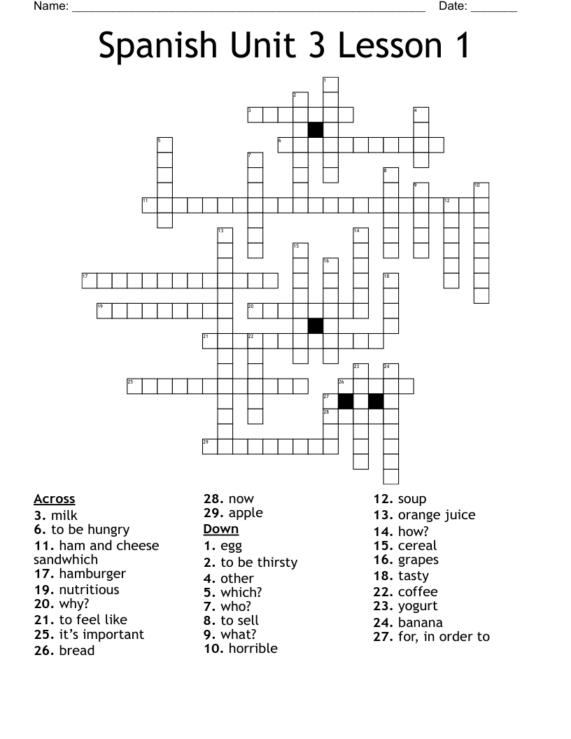 Spanish Unit 3 Lesson 1 Crossword