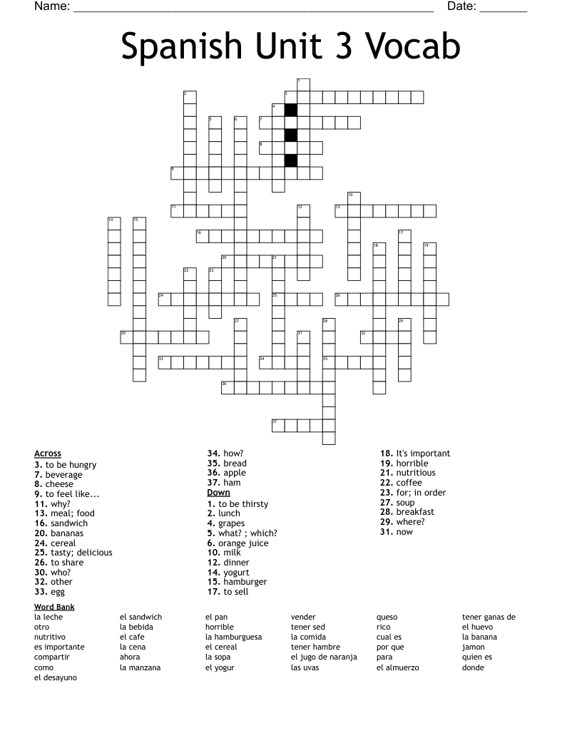 Spanish Unit 3 Vocab  Crossword