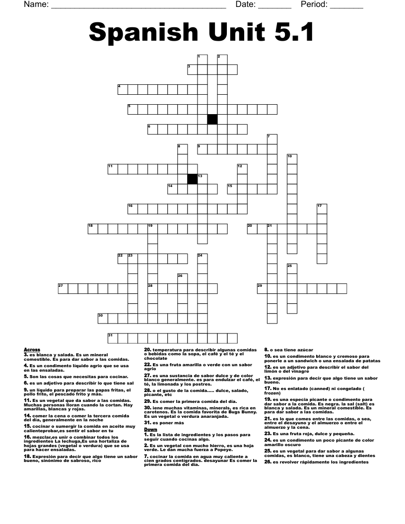 Spanish Unit 5.1  Crossword