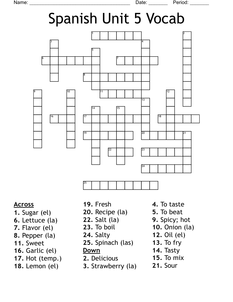 Spanish Unit 5 Vocab Crossword