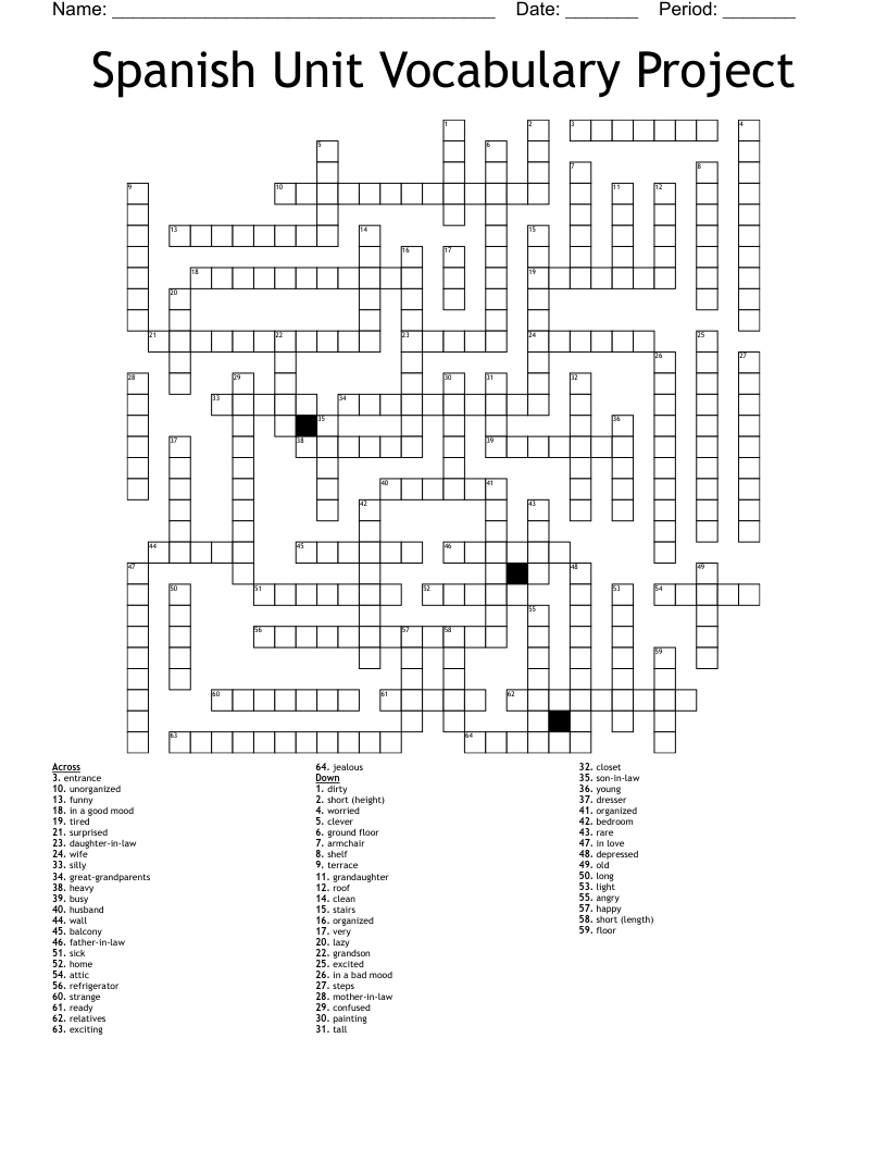 Spanish Unit Vocabulary Project Crossword