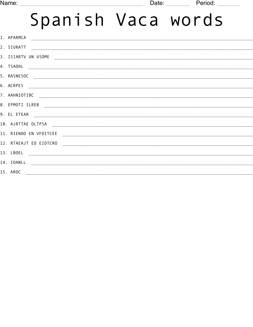 Spanish Vaca words Word Scramble