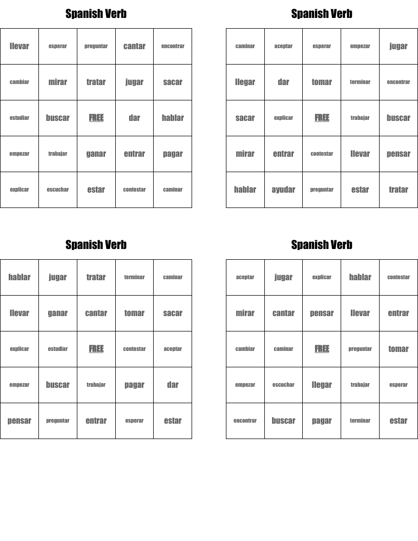 Spanish Verb Bingo Cards
