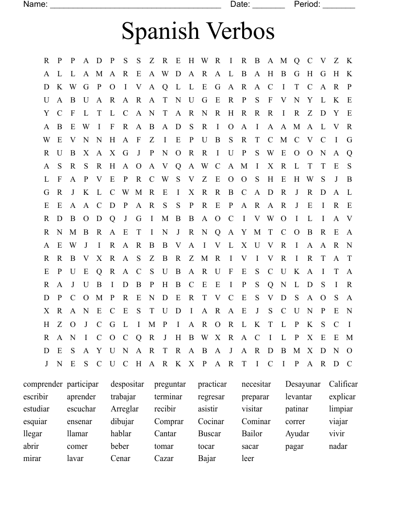 Spanish Verbos Word Search