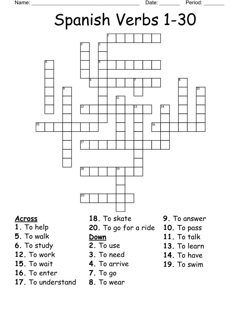 Spanish Verbs 1-30 Crossword