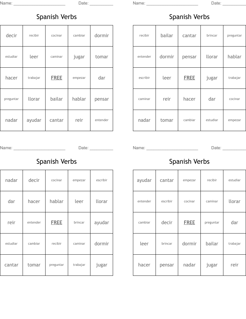 Spanish Verbs Bingo Cards