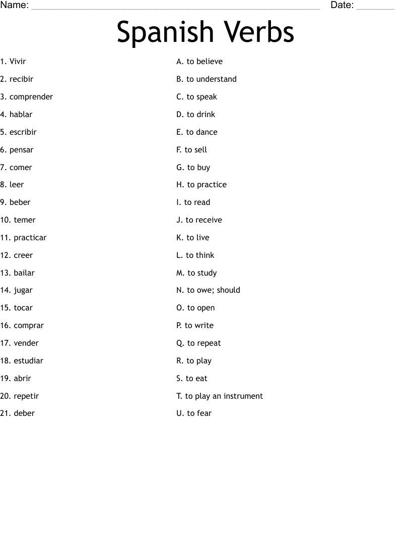 Spanish Verbs Worksheet