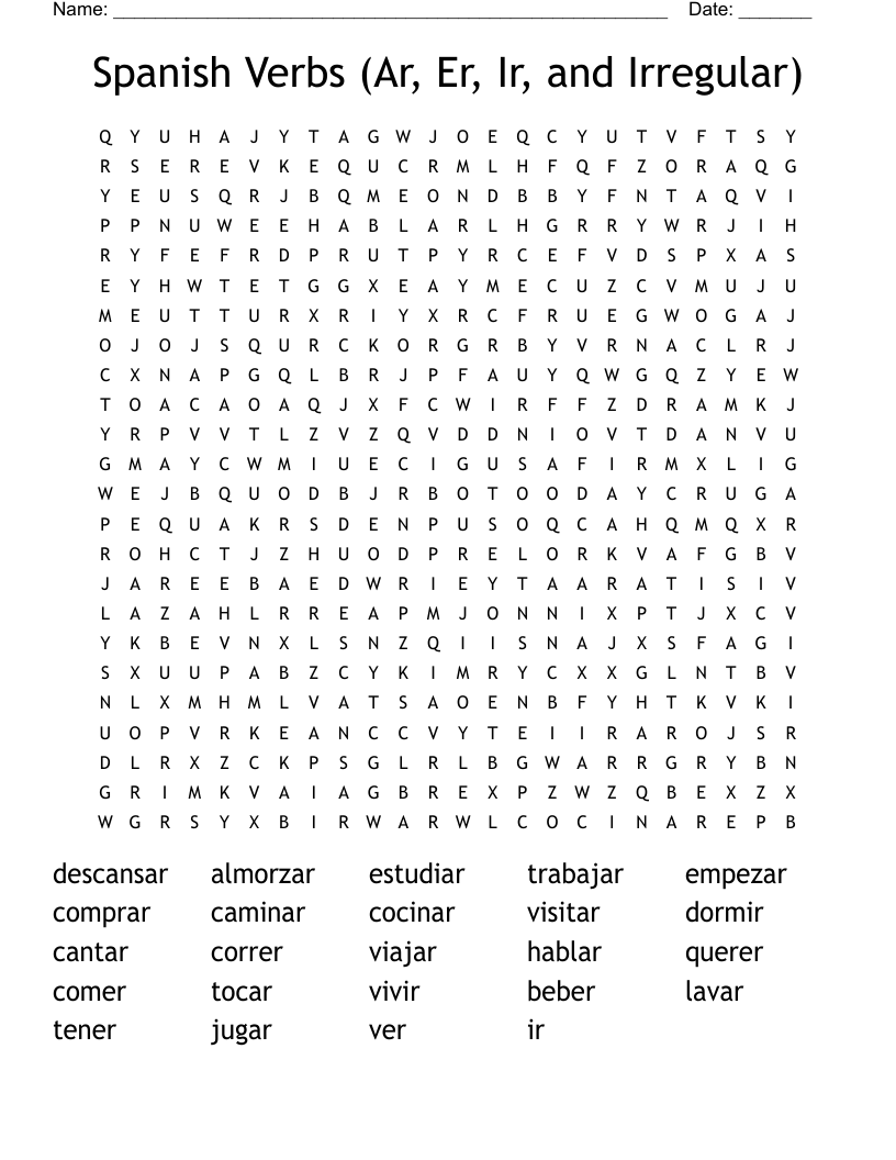 Spanish Verbs (Ar, Er, Ir, and Irregular) Word Search