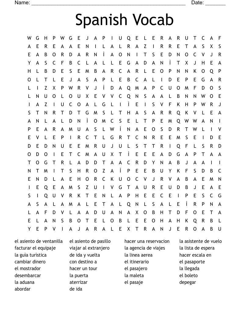 Spanish Vocab Word Search