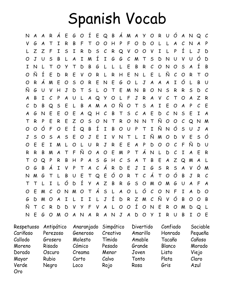 Spanish Vocab Word Search