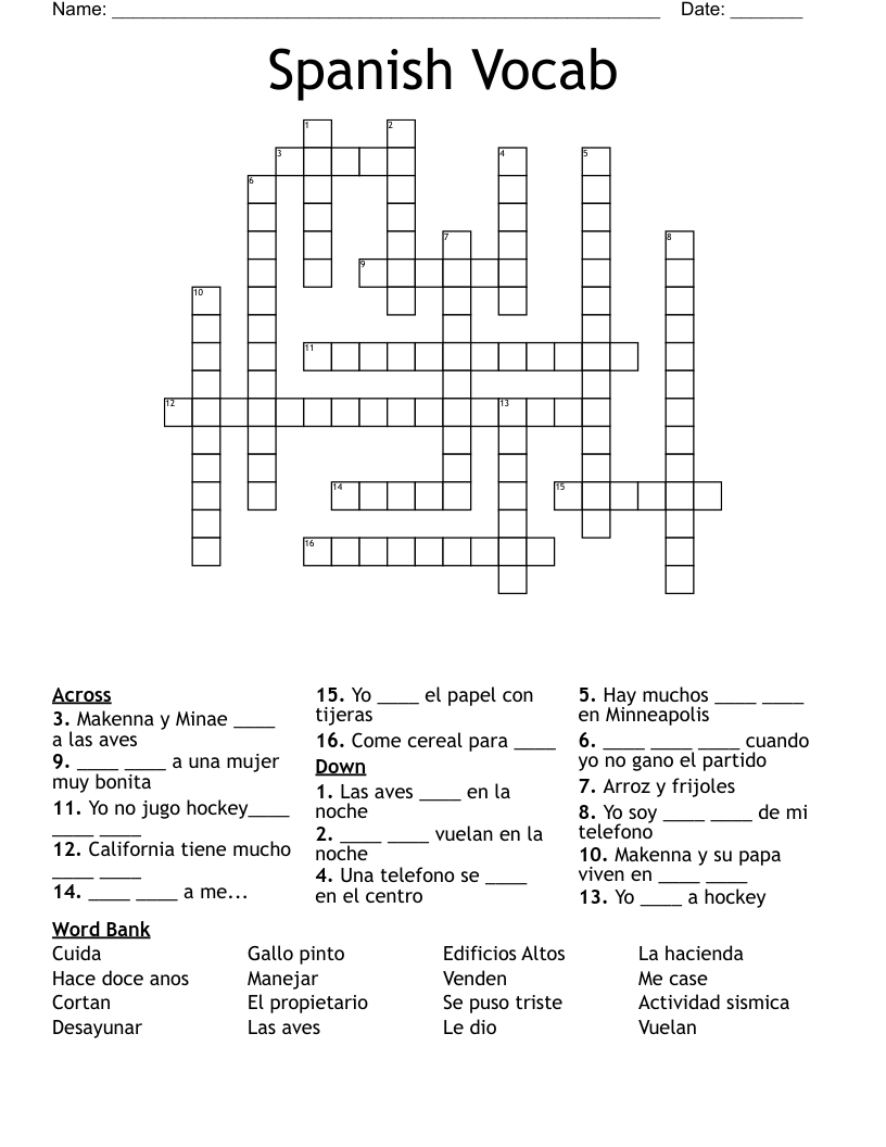 Spanish Vocab Crossword