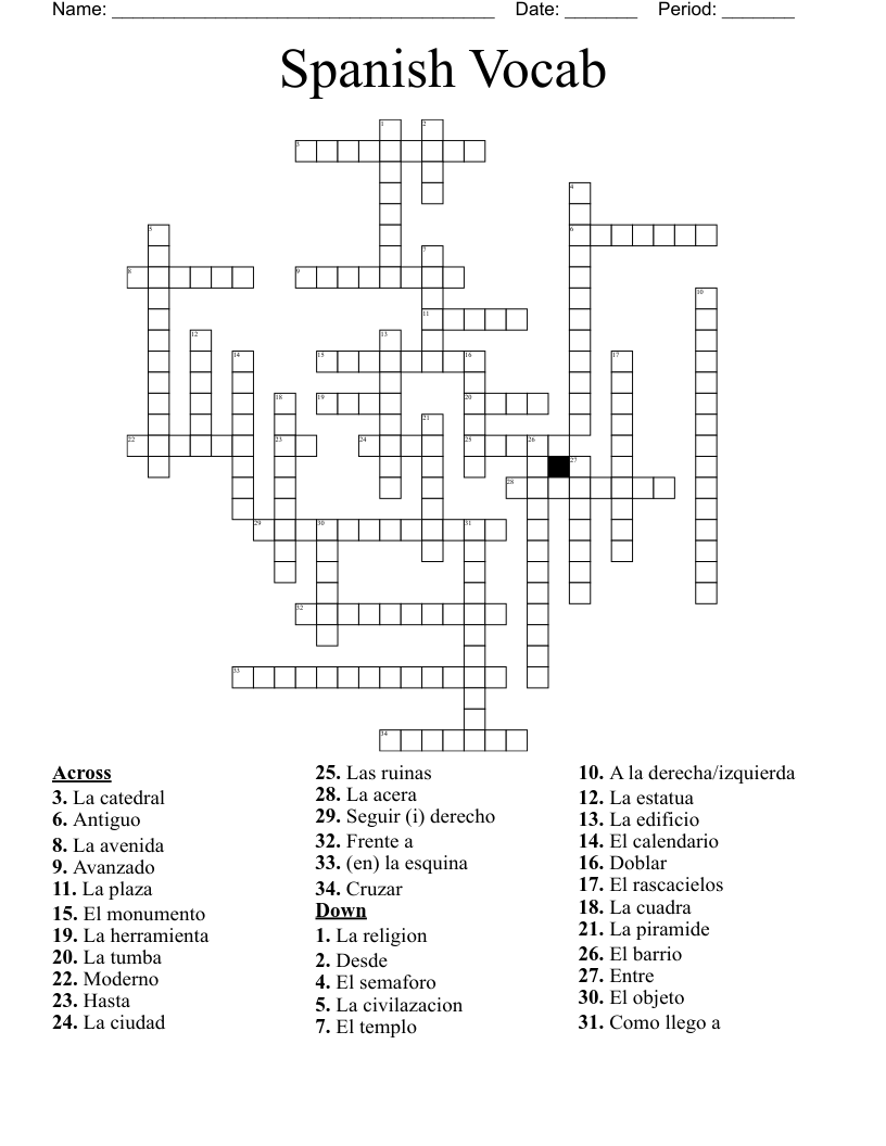 Spanish Vocab Crossword