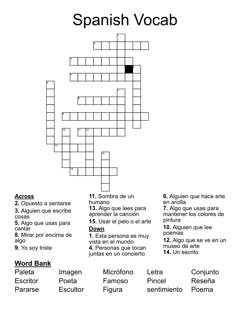 Spanish Vocab Crossword