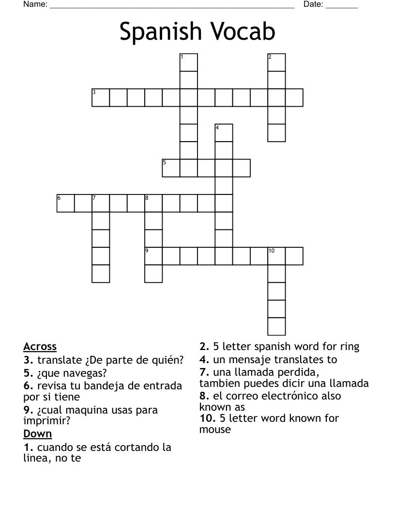 Spanish Vocab Crossword