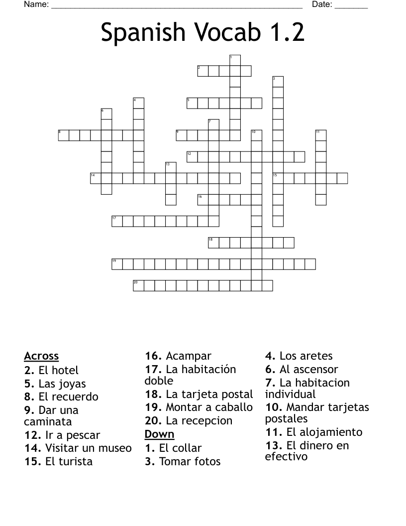 Spanish Vocab 1.2 Crossword