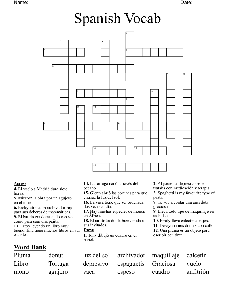 Spanish Vocab Crossword