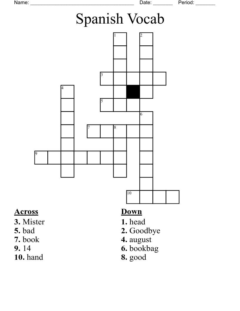 Spanish Vocab Crossword