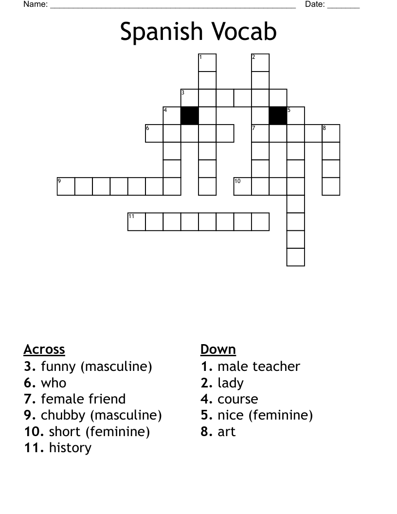 Spanish Vocab Crossword