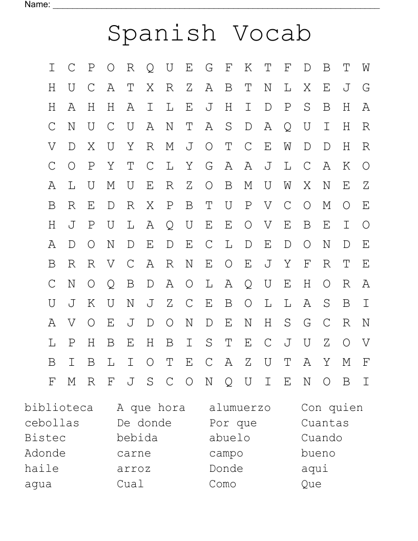 Spanish Vocab Word Search