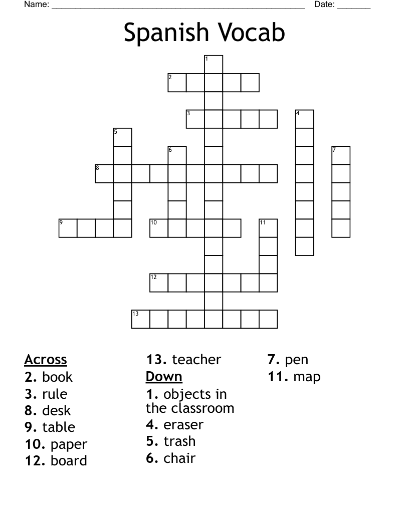 Spanish Vocab Crossword