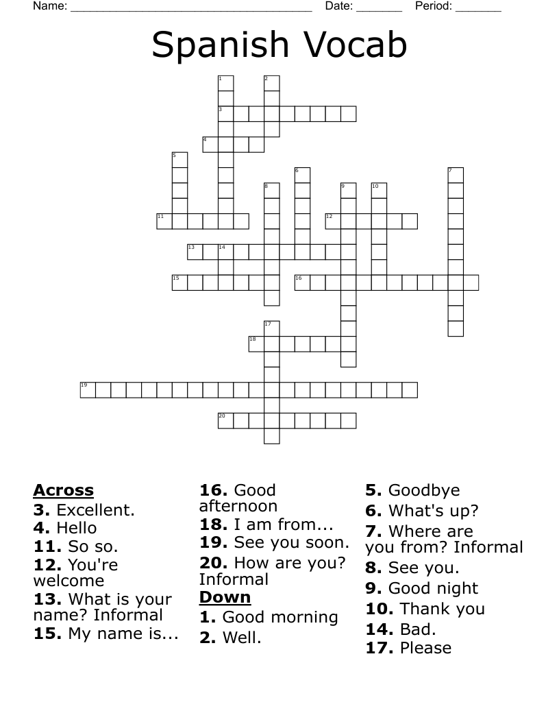 Spanish Vocab Crossword