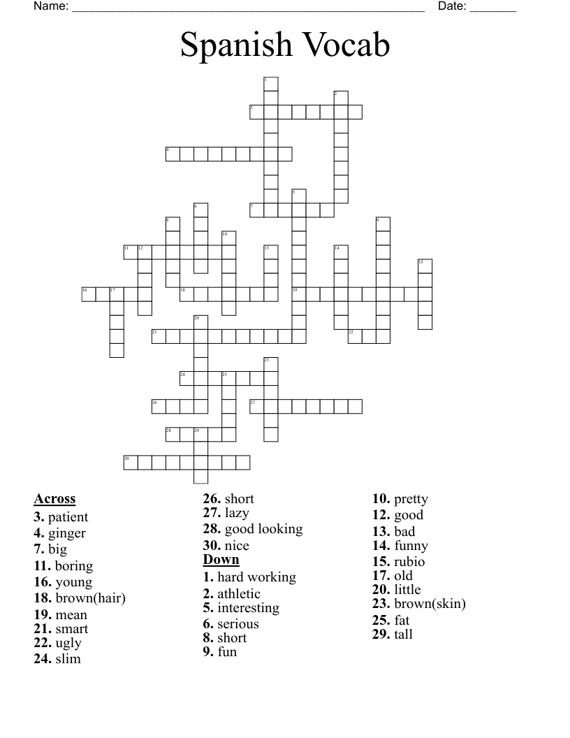 Spanish Vocab Crossword