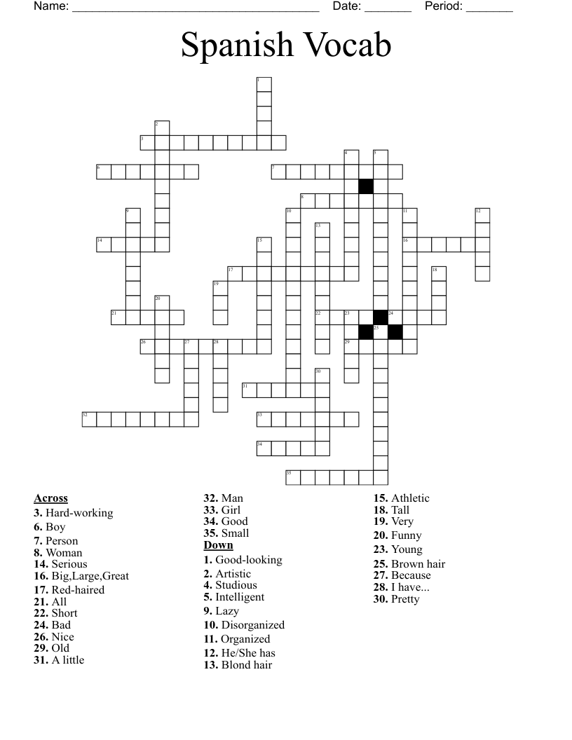 Spanish Vocab Crossword