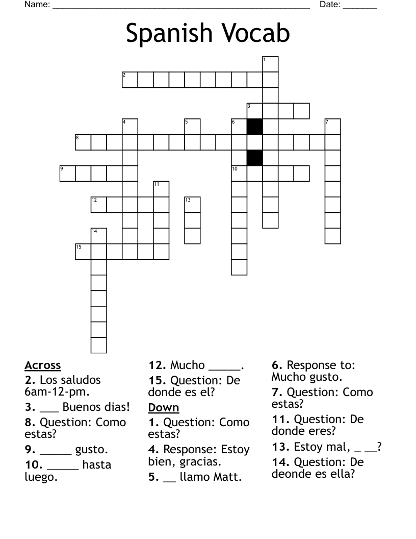 Spanish Vocab Crossword
