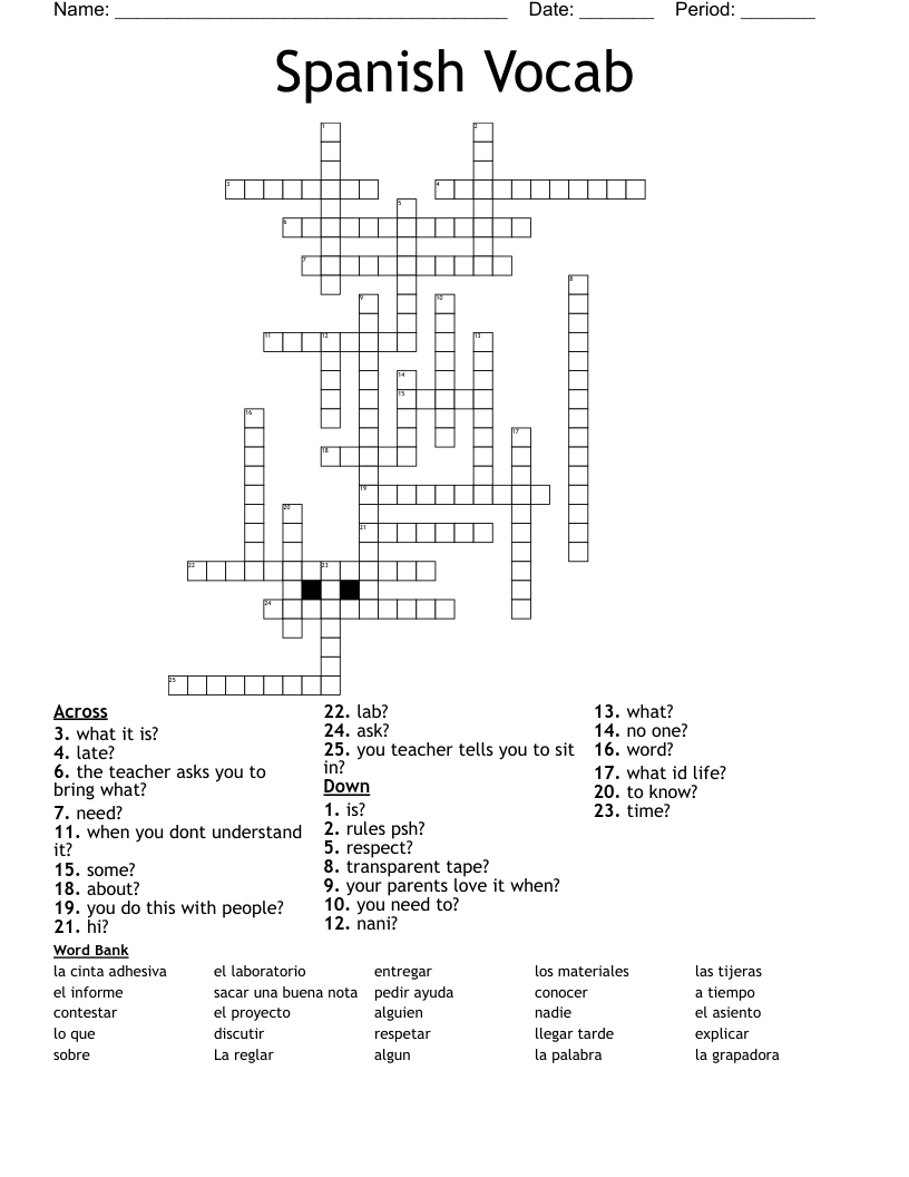 Spanish Vocab Crossword