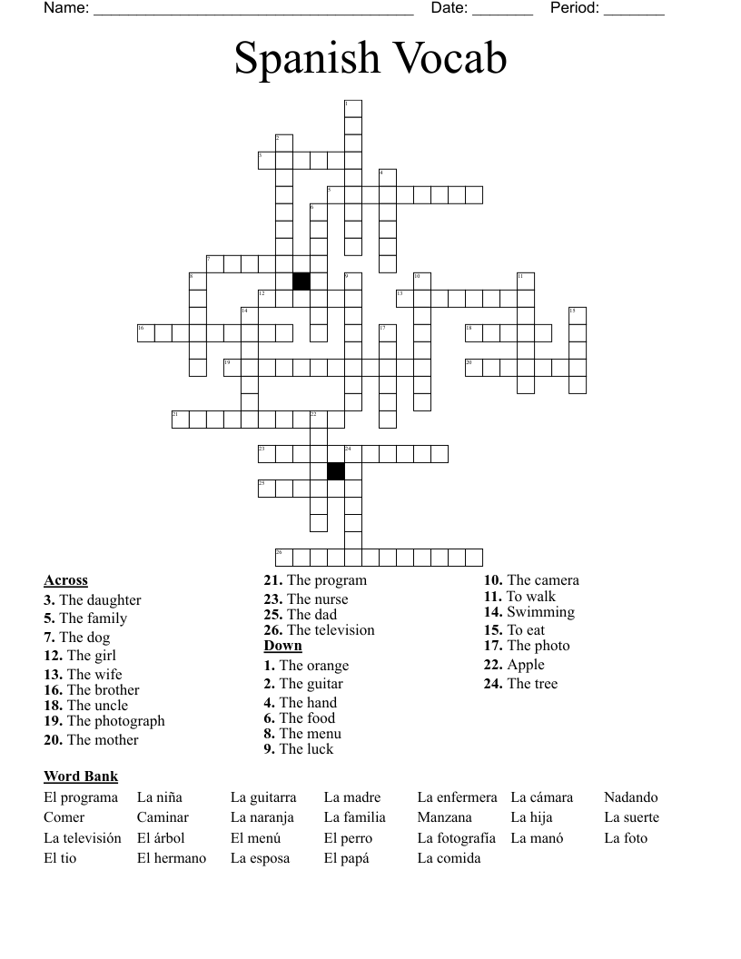 Spanish Vocab Crossword