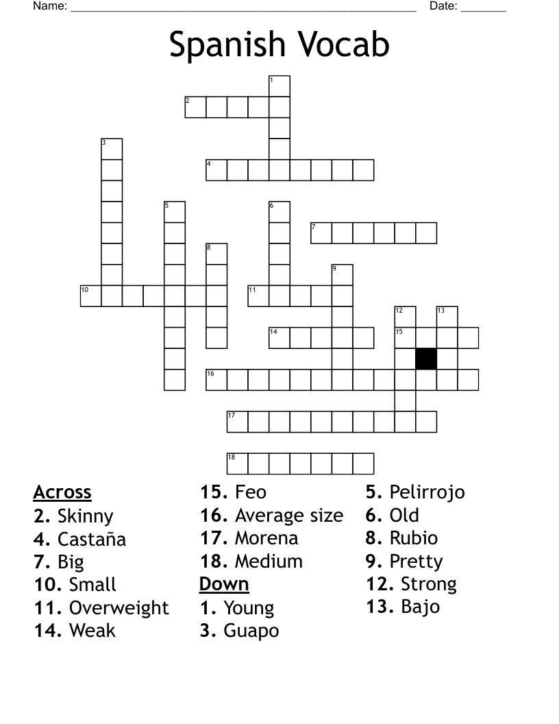 Spanish Vocab Crossword