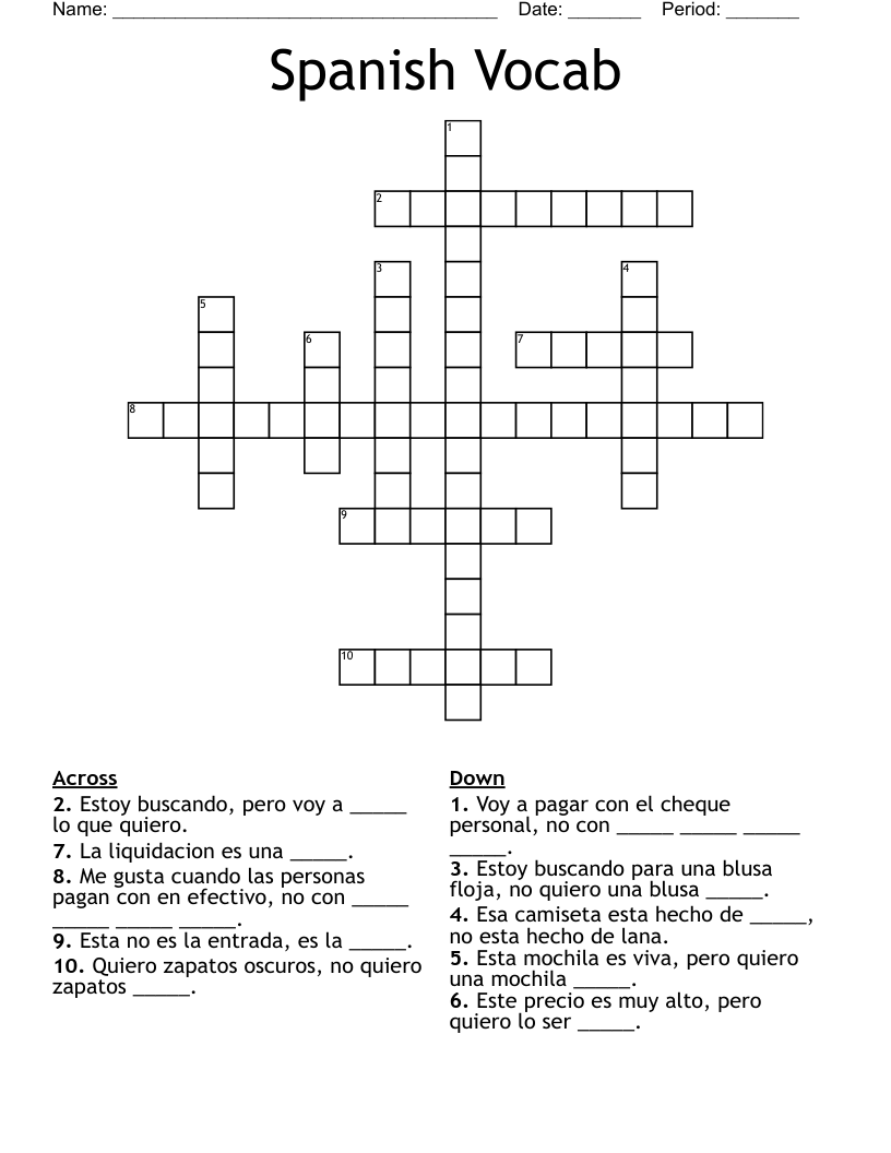 Spanish Vocab Crossword