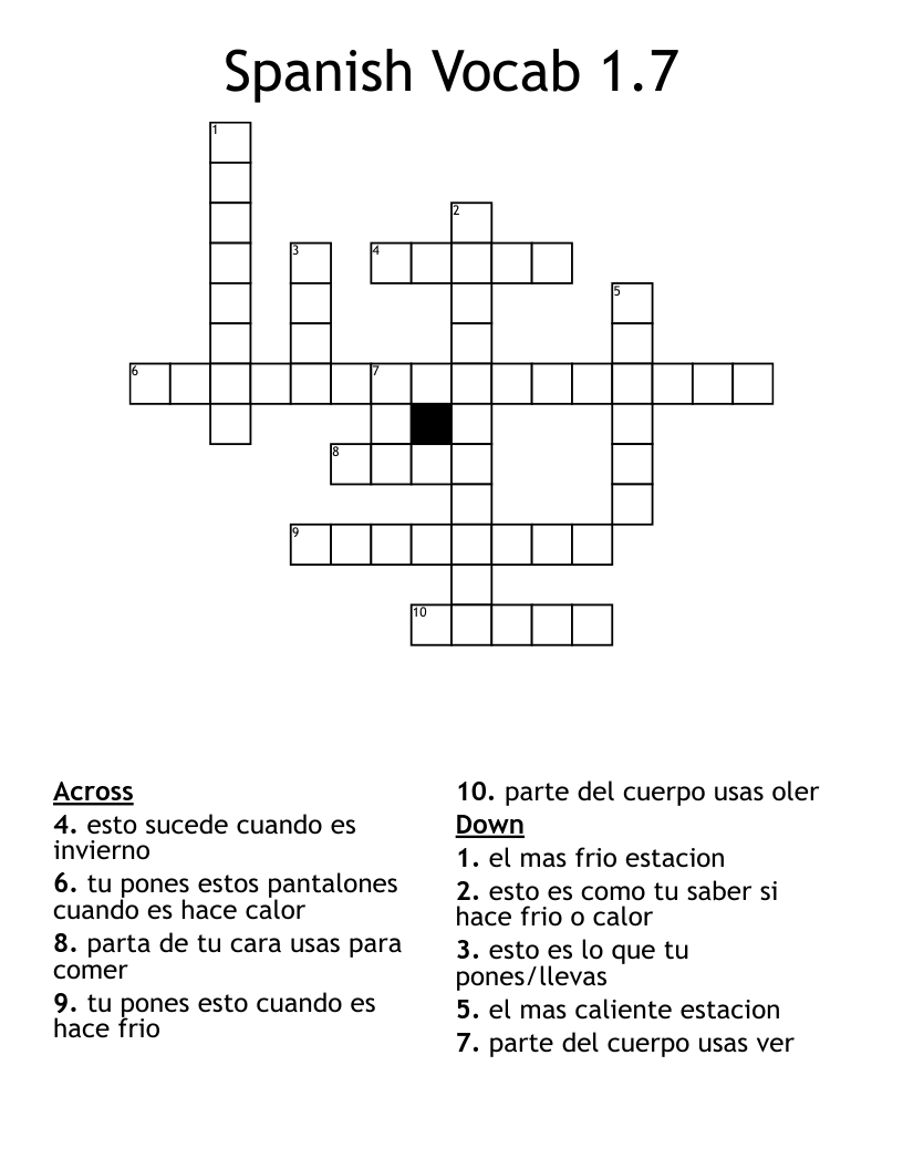 Spanish Vocab 1.7 Crossword
