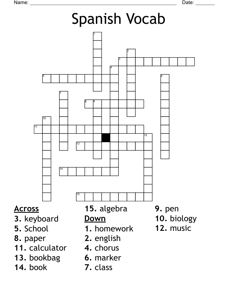 Spanish Vocab Crossword