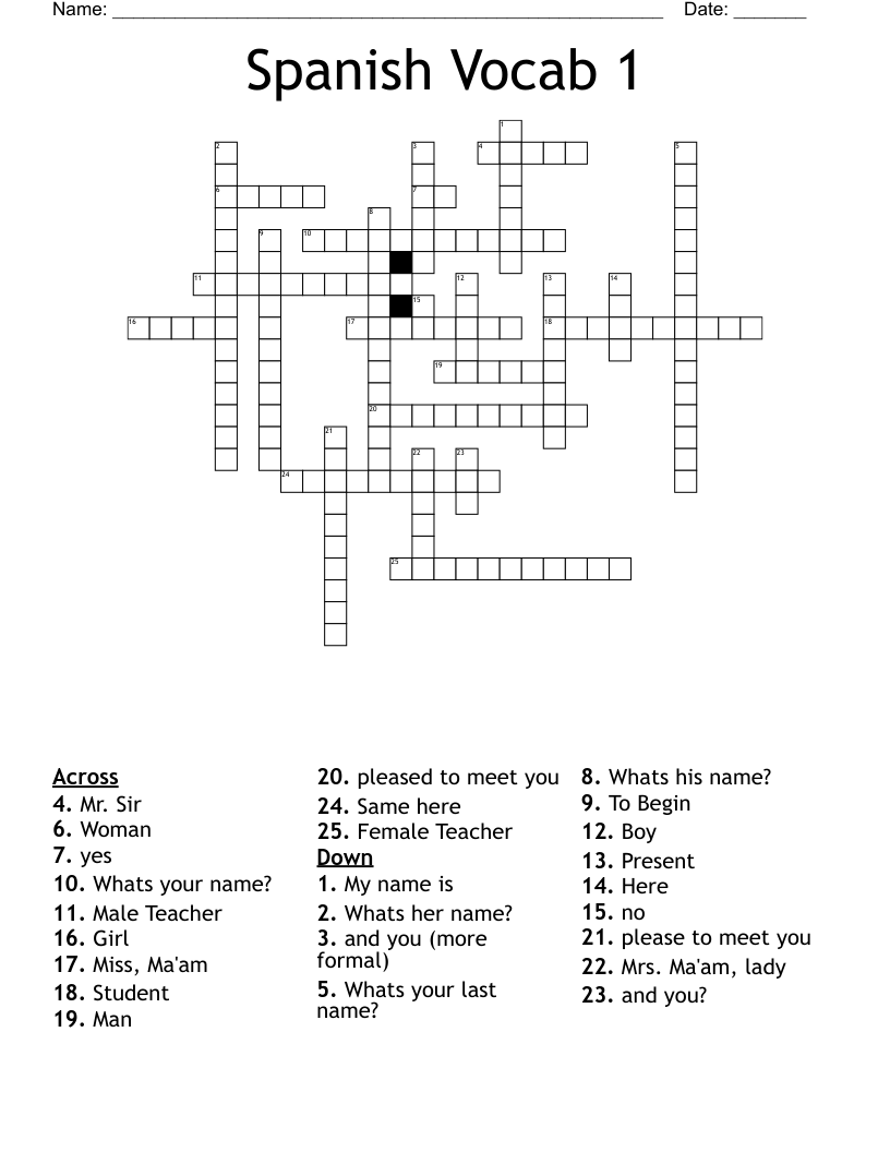 Spanish Vocab 1 Crossword