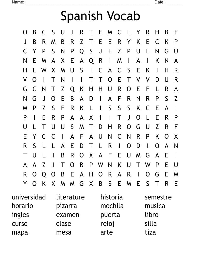 Spanish Vocab Word Search