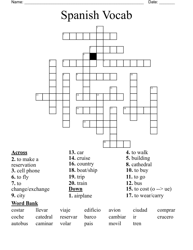 Spanish Vocab Crossword