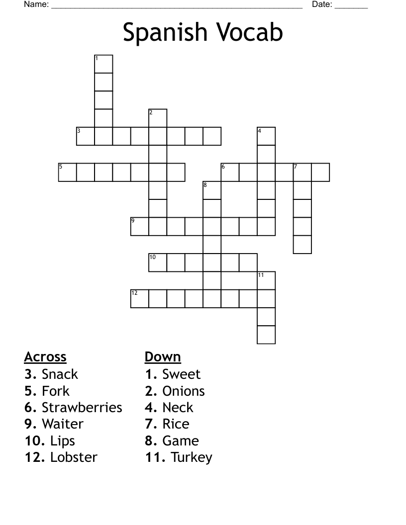Spanish Vocab Crossword