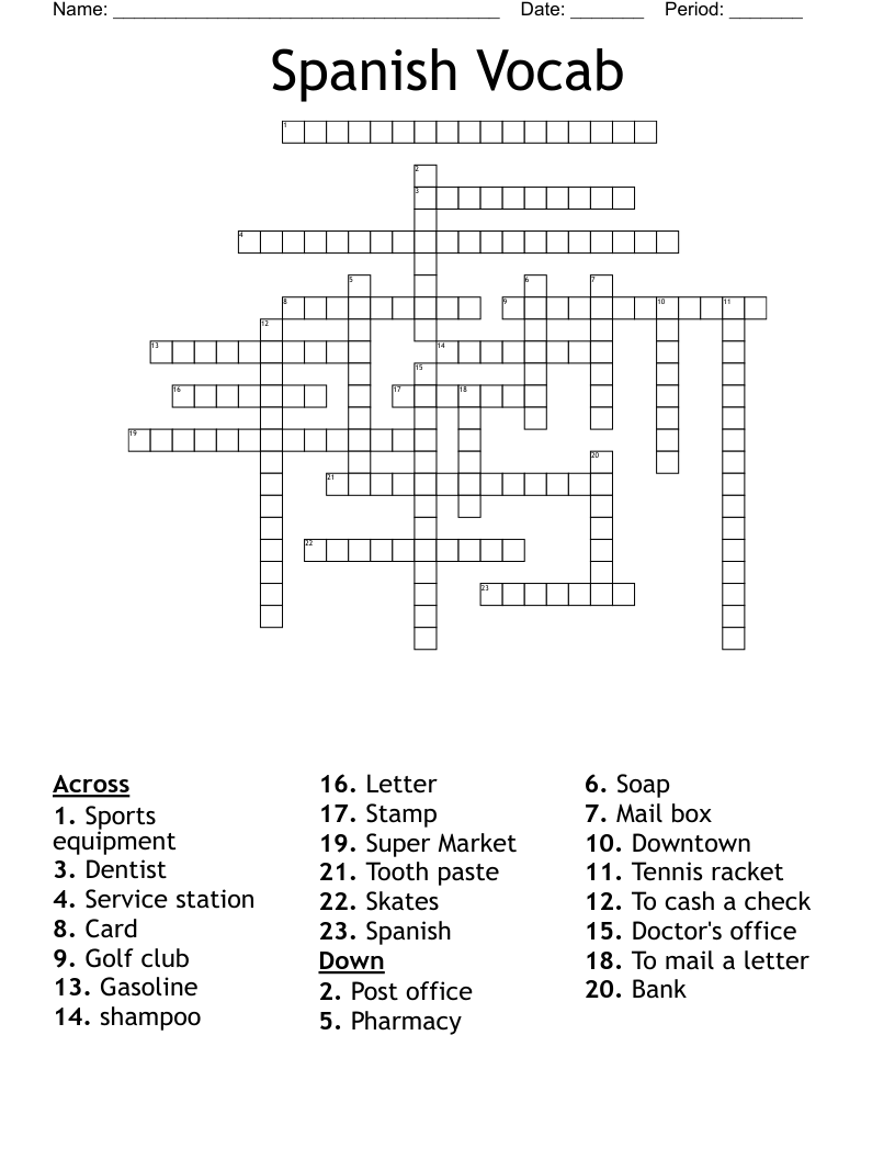 Spanish Vocab Crossword