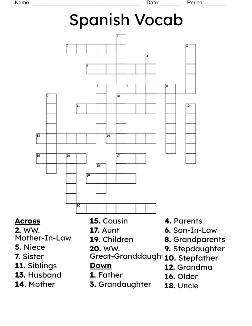 Spanish Vocab Crossword