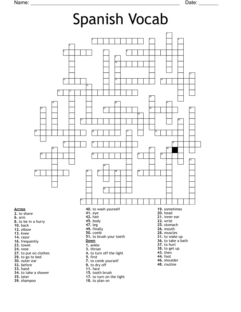 Spanish Vocab Crossword