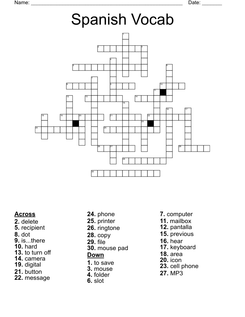 Spanish Vocab Crossword