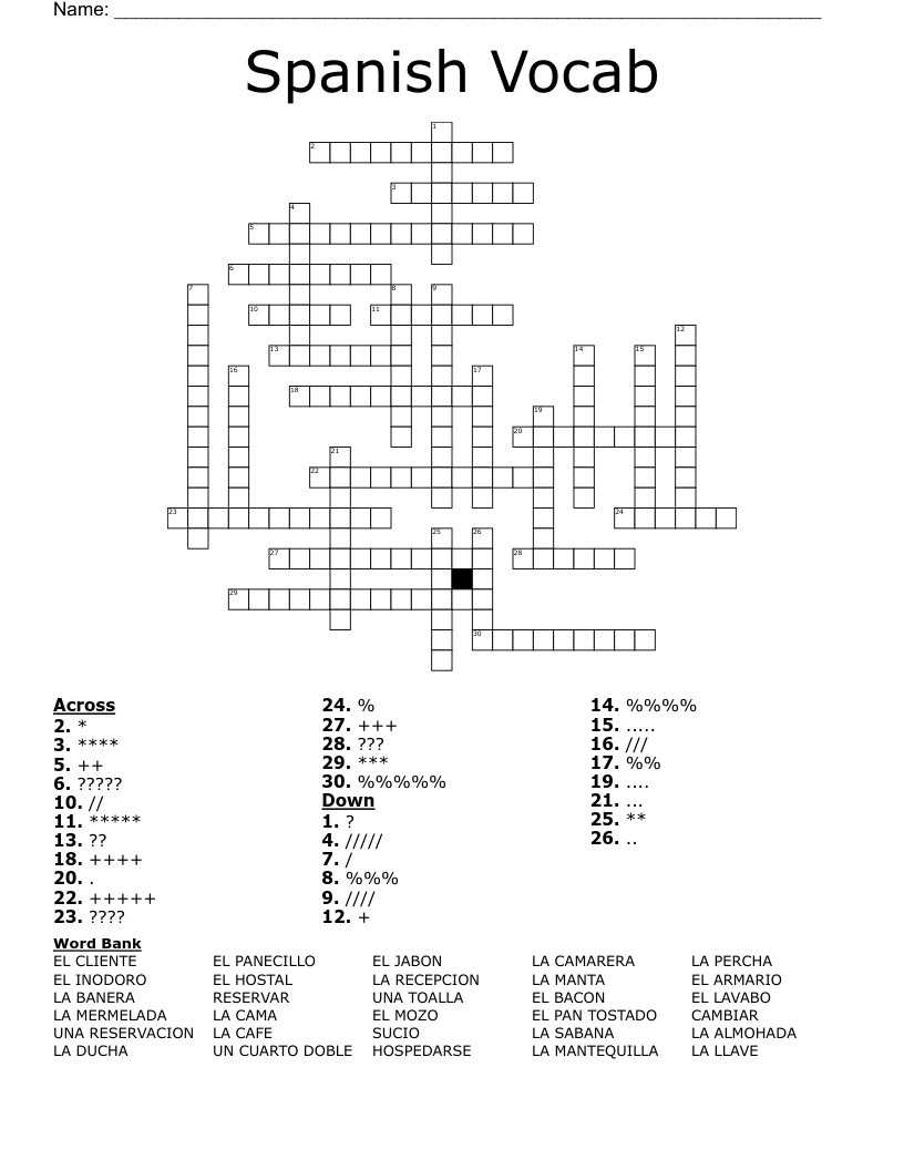 Spanish Vocab Crossword