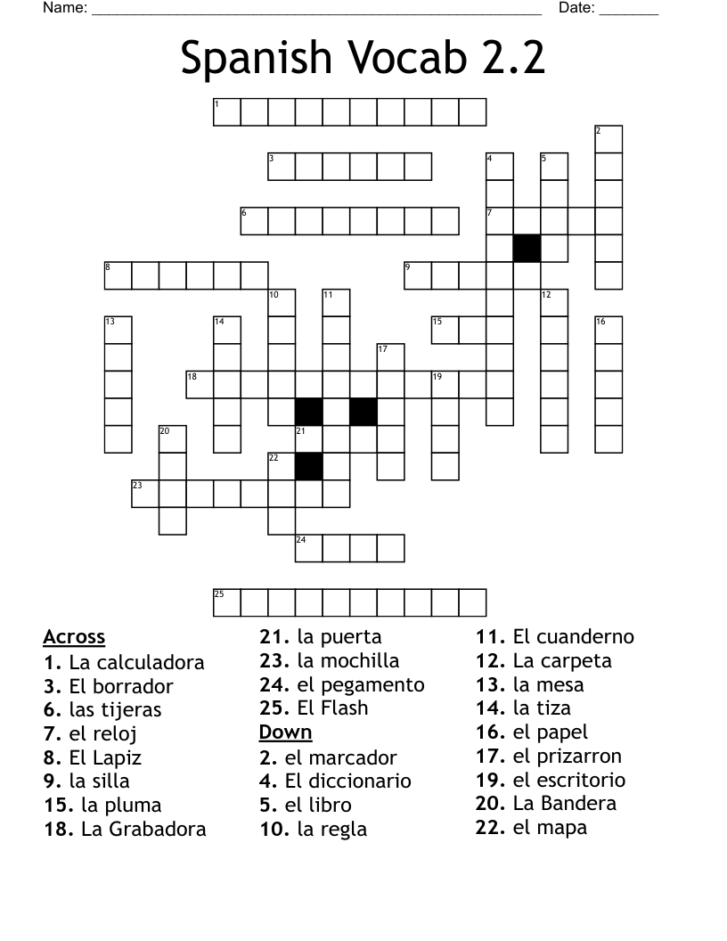 Spanish Vocab 2.2 Crossword