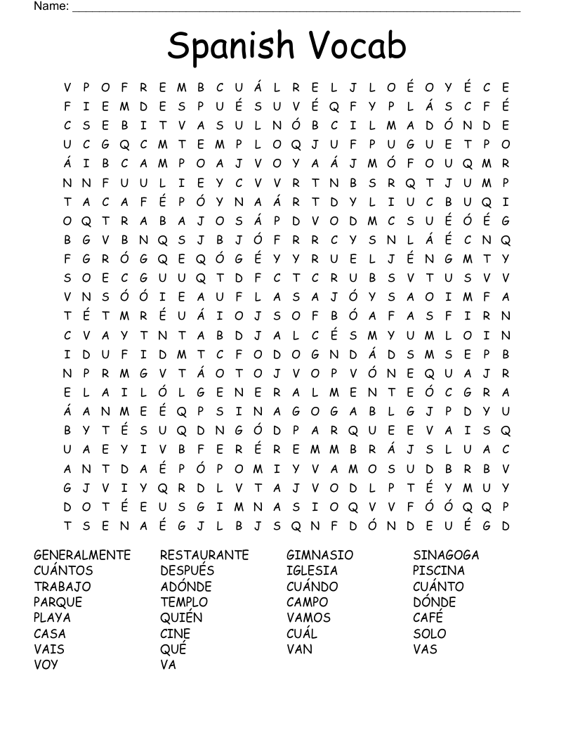 Spanish Vocab Word Search