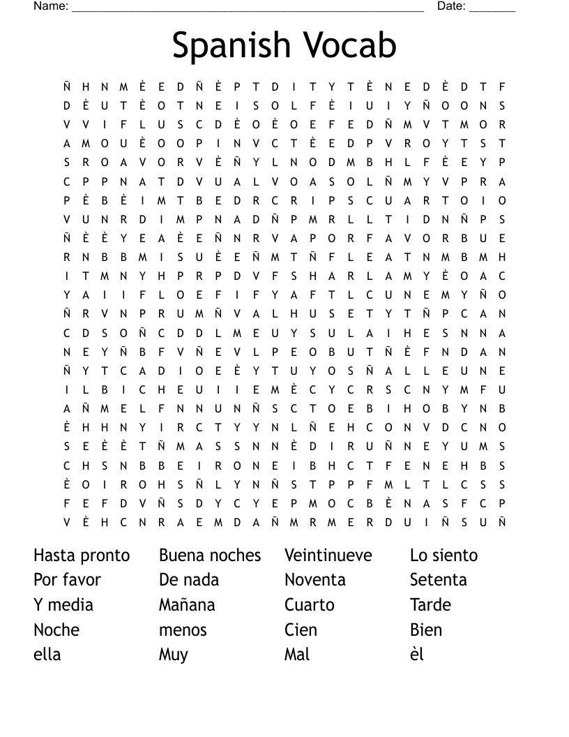 Spanish Vocab Word Search